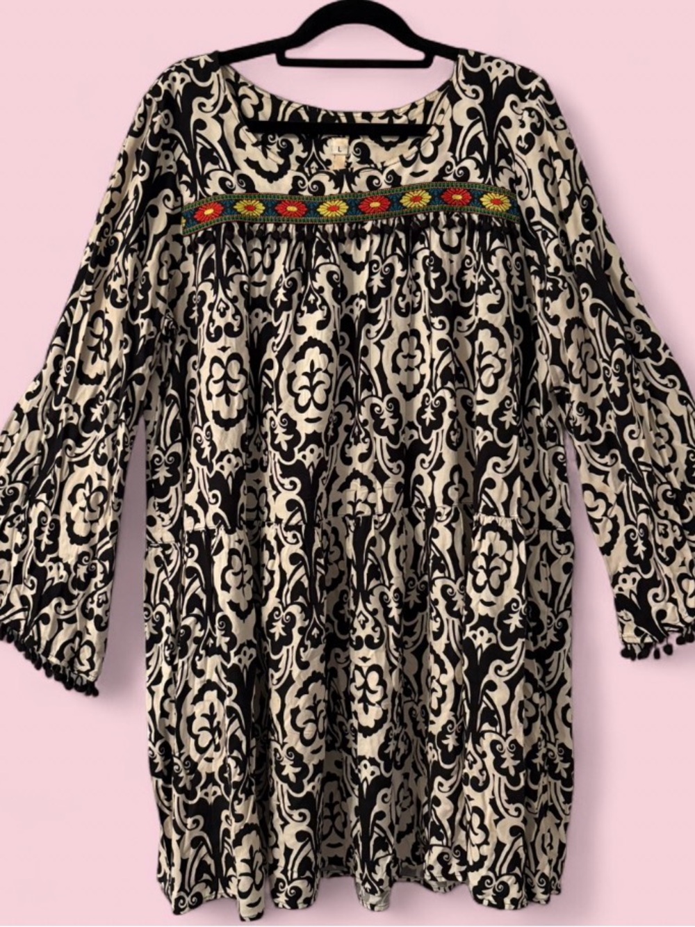 Uncle Frank Black And Cream Paisley Print Embroidered Yoke Tunic Dress Sz Large